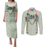 Sage Green Hawaiian Palaka Couples Matching Puletasi and Long Sleeve Button Shirt Kukui Nut Money Lei - Polynesian Pride