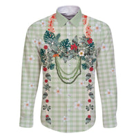 Sage Green Hawaiian Palaka Family Matching Off The Shoulder Long Sleeve Dress and Hawaiian Shirt Kukui Nut Money Lei - Polynesian Pride