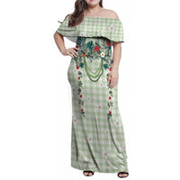 Sage Green Hawaiian Palaka Family Matching Off Shoulder Maxi Dress and Hawaiian Shirt Kukui Nut Money Lei - Polynesian Pride