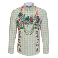 Sage Green Hawaiian Palaka Family Matching Off Shoulder Short Dress and Hawaiian Shirt Kukui Nut Money Lei - Polynesian Pride