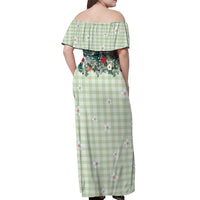 Sage Green Hawaiian Palaka Off Shoulder Maxi Dress Kukui Nut Money Lei - Polynesian Pride