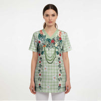 Sage Green Hawaiian Palaka Scrub Top Kukui Nut Money Lei - Polynesian Pride