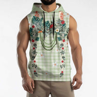 Sage Green Hawaiian Palaka Sleeveless Hoodie Kukui Nut Money Lei - Polynesian Pride