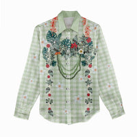 Sage Green Hawaiian Palaka Women Casual Shirt Kukui Nut Money Lei - Polynesian Pride