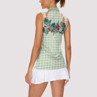 Sage Green Hawaiian Palaka Women Sleeveless Polo Shirt Kukui Nut Money Lei - Polynesian Pride
