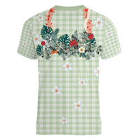 Sage Green Hawaiian Palaka Women V-Neck T-Shirt Kukui Nut Money Lei - Polynesian Pride