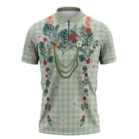 Sage Green Hawaiian Palaka Zipper Polo Shirt Kukui Nut Money Lei - Polynesian Pride