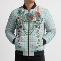 Turquoise Hawaiian Palaka Bomber Puffer Jacket Kukui Nut Money Lei - Polynesian Pride