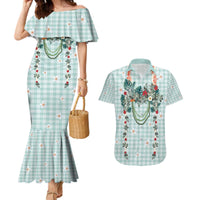Turquoise Hawaiian Palaka Couples Matching Mermaid Dress and Hawaiian Shirt Kukui Nut Money Lei - Polynesian Pride