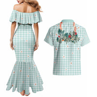 Turquoise Hawaiian Palaka Couples Matching Mermaid Dress and Hawaiian Shirt Kukui Nut Money Lei - Polynesian Pride