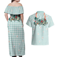Turquoise Hawaiian Palaka Couples Matching Off Shoulder Maxi Dress and Hawaiian Shirt Kukui Nut Money Lei - Polynesian Pride
