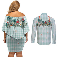 Turquoise Hawaiian Palaka Couples Matching Off Shoulder Short Dress and Long Sleeve Button Shirt Kukui Nut Money Lei - Polynesian Pride