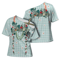 Turquoise Hawaiian Palaka Cross Shoulder Shirt Kukui Nut Money Lei - Polynesian Pride