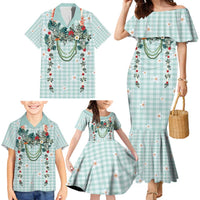 Turquoise Hawaiian Palaka Family Matching Mermaid Dress and Hawaiian Shirt Kukui Nut Money Lei - Polynesian Pride
