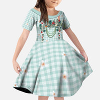 Turquoise Hawaiian Palaka Family Matching Puletasi and Hawaiian Shirt Kukui Nut Money Lei - Polynesian Pride