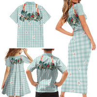 Turquoise Hawaiian Palaka Family Matching Short Sleeve Bodycon Dress and Hawaiian Shirt Kukui Nut Money Lei - Polynesian Pride