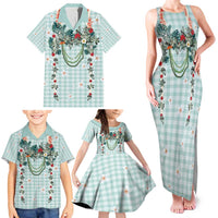 Turquoise Hawaiian Palaka Family Matching Tank Maxi Dress and Hawaiian Shirt Kukui Nut Money Lei - Polynesian Pride
