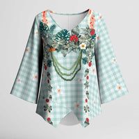 Turquoise Hawaiian Palaka Kimono Sleeve Blouse Kukui Nut Money Lei - Polynesian Pride