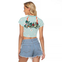 Turquoise Hawaiian Palaka Raglan Cropped T Shirt Kukui Nut Money Lei - Polynesian Pride