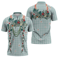 Turquoise Hawaiian Palaka Zipper Polo Shirt Kukui Nut Money Lei - Polynesian Pride