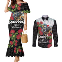 Meri Kirihimete Tuatara Couples Matching Mermaid Dress and Long Sleeve Button Shirt New Zealand Fern with Puhutukawa Flowers