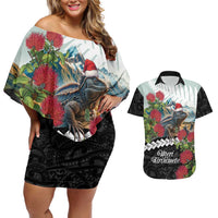 Meri Kirihimete Tuatara Couples Matching Off Shoulder Short Dress and Hawaiian Shirt New Zealand Fern with Puhutukawa Flowers