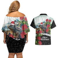 Meri Kirihimete Tuatara Couples Matching Off Shoulder Short Dress and Hawaiian Shirt New Zealand Fern with Puhutukawa Flowers