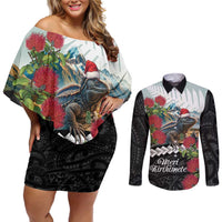 Meri Kirihimete Tuatara Couples Matching Off Shoulder Short Dress and Long Sleeve Button Shirt New Zealand Fern with Puhutukawa Flowers