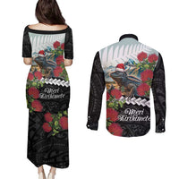 Meri Kirihimete Tuatara Couples Matching Puletasi and Long Sleeve Button Shirt New Zealand Fern with Puhutukawa Flowers