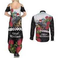 Meri Kirihimete Tuatara Couples Matching Summer Maxi Dress and Long Sleeve Button Shirt New Zealand Fern with Puhutukawa Flowers
