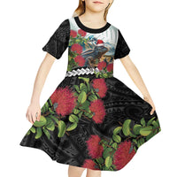 Meri Kirihimete Tuatara Kid Short Sleeve Dress New Zealand Fern with Puhutukawa Flowers