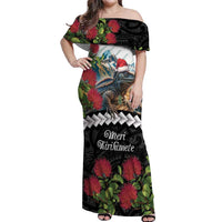 Meri Kirihimete Tuatara Off Shoulder Maxi Dress New Zealand Fern with Puhutukawa Flowers