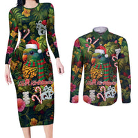 Meri Kirihimete Kakapo Santa Couples Matching Long Sleeve Bodycon Dress and Long Sleeve Button Shirt Merry Christmas with Tropical Vibe