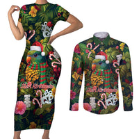 Meri Kirihimete Kakapo Santa Couples Matching Short Sleeve Bodycon Dress and Long Sleeve Button Shirt Merry Christmas with Tropical Vibe