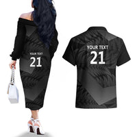 New Zealand Cricket Custom Couples Matching Off The Shoulder Long Sleeve Dress and Hawaiian Shirt Potae Pango Black Fern Pattern LT9 - Polynesian Pride