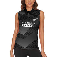 New Zealand Cricket Custom Women Sleeveless Polo Shirt Potae Pango Black Fern Pattern LT9 - Polynesian Pride
