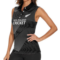 New Zealand Cricket Custom Women Sleeveless Polo Shirt Potae Pango Black Fern Pattern LT9 - Polynesian Pride
