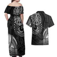 Polynesian Turtle Tribal Tattoo Couples Matching Off Shoulder Maxi Dress and Hawaiian Shirt Black Style LT9 - Polynesian Pride
