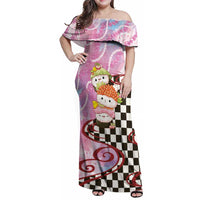 Personalized Japanese Kawaii Sushi Roll Family Matching Off Shoulder Maxi Dress and Hawaiian Shirt Wagara Palaka Pattern LT9 Mom's Dress Pink - Polynesian Pride