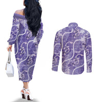 Japanese Koi Fish Couples Matching Off The Shoulder Long Sleeve Dress and Long Sleeve Button Shirt Purple Wagara Palaka Honohono Pikake Lei