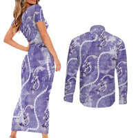 Japanese Koi Fish Couples Matching Short Sleeve Bodycon Dress and Long Sleeve Button Shirt Purple Wagara Palaka Honohono Pikake Lei
