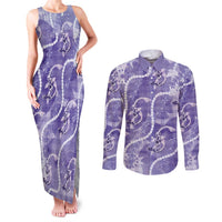 Japanese Koi Fish Couples Matching Tank Maxi Dress and Long Sleeve Button Shirt Purple Wagara Palaka Honohono Pikake Lei