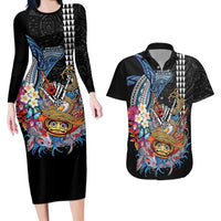 Personalized Japanese Koi Fish Ramen Couples Matching Long Sleeve Bodycon Dress and Hawaiian Shirt Aloha Shark Kakau Pattern