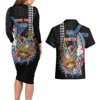 Personalized Japanese Koi Fish Ramen Couples Matching Long Sleeve Bodycon Dress and Hawaiian Shirt Aloha Shark Kakau Pattern