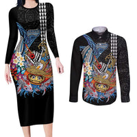 Personalized Japanese Koi Fish Ramen Couples Matching Long Sleeve Bodycon Dress and Long Sleeve Button Shirt Aloha Shark Kakau Pattern