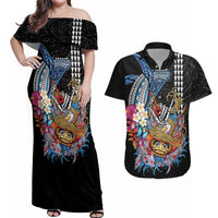 Personalized Japanese Koi Fish Ramen Couples Matching Off Shoulder Maxi Dress and Hawaiian Shirt Aloha Shark Kakau Pattern
