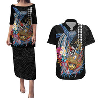 Personalized Japanese Koi Fish Ramen Couples Matching Puletasi and Hawaiian Shirt Aloha Shark Kakau Pattern