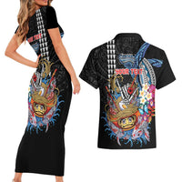 Personalized Japanese Koi Fish Ramen Couples Matching Short Sleeve Bodycon Dress and Hawaiian Shirt Aloha Shark Kakau Pattern