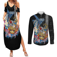 Personalized Japanese Koi Fish Ramen Couples Matching Summer Maxi Dress and Long Sleeve Button Shirt Aloha Shark Kakau Pattern