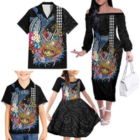 Personalized Japanese Koi Fish Ramen Family Matching Off The Shoulder Long Sleeve Dress and Hawaiian Shirt Aloha Shark Kakau Pattern